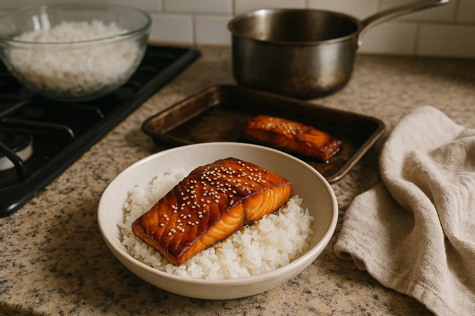 Teriyaki-glazed salmon fillet garnished with sesame seeds, served on a bed of white rice in a bowl, with an extra fillet on a tray nearby.