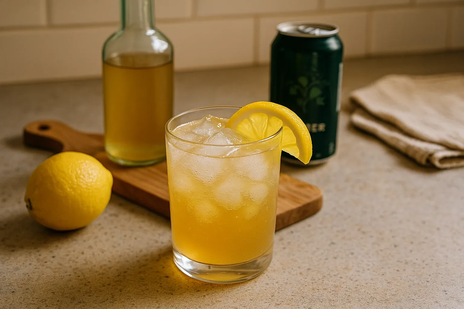 Iced lemon ginger drink garnished with a lemon slice, with a lemon, ginger beer can, and bottle of syrup in the background.