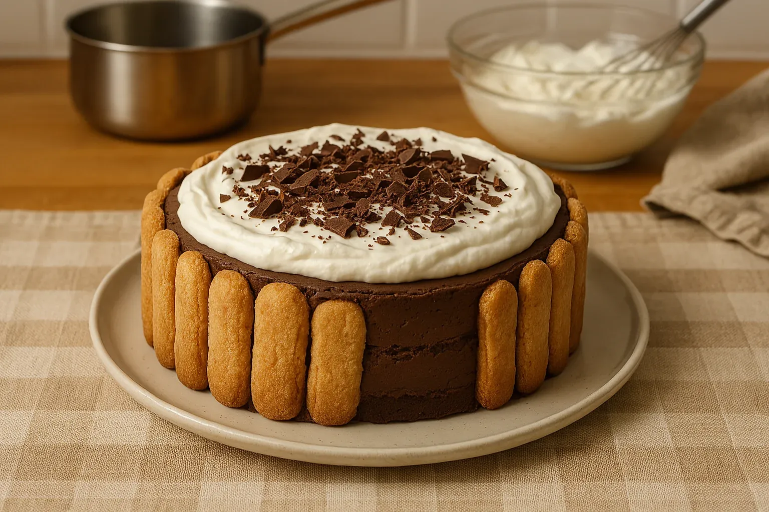 Chocolate mousse cake with ladyfinger border, topped with whipped cream and chocolate shavings, on a beige plaid tablecloth.