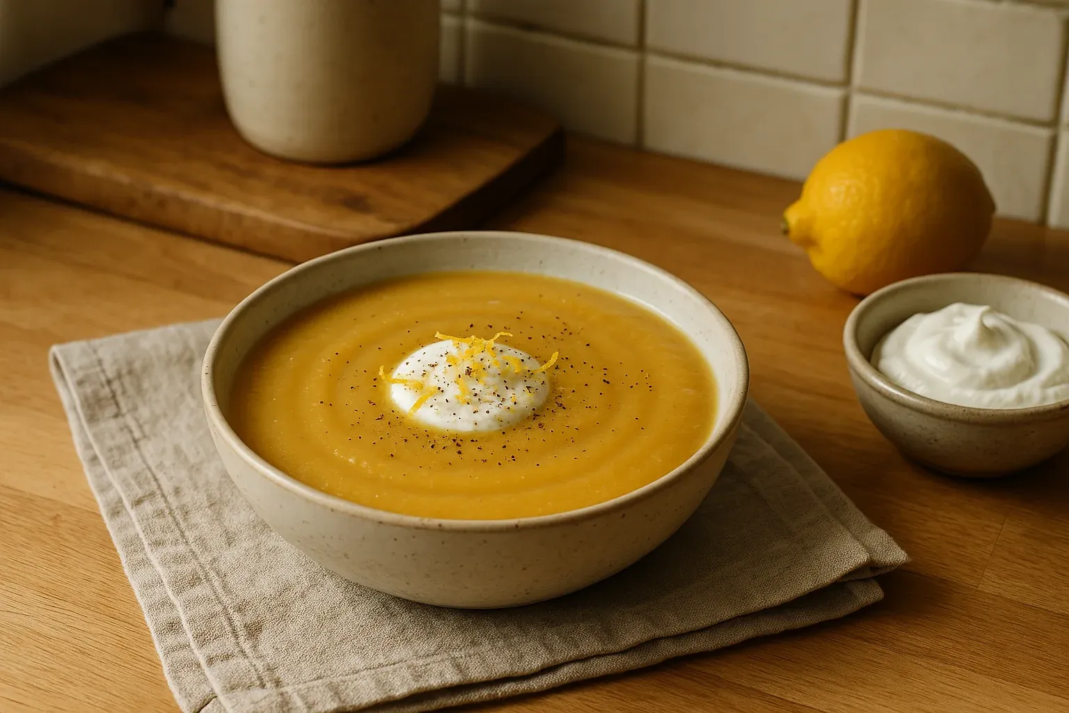 Creamy butternut squash soup garnished with a dollop of sour cream and lemon zest, served on a wooden table.