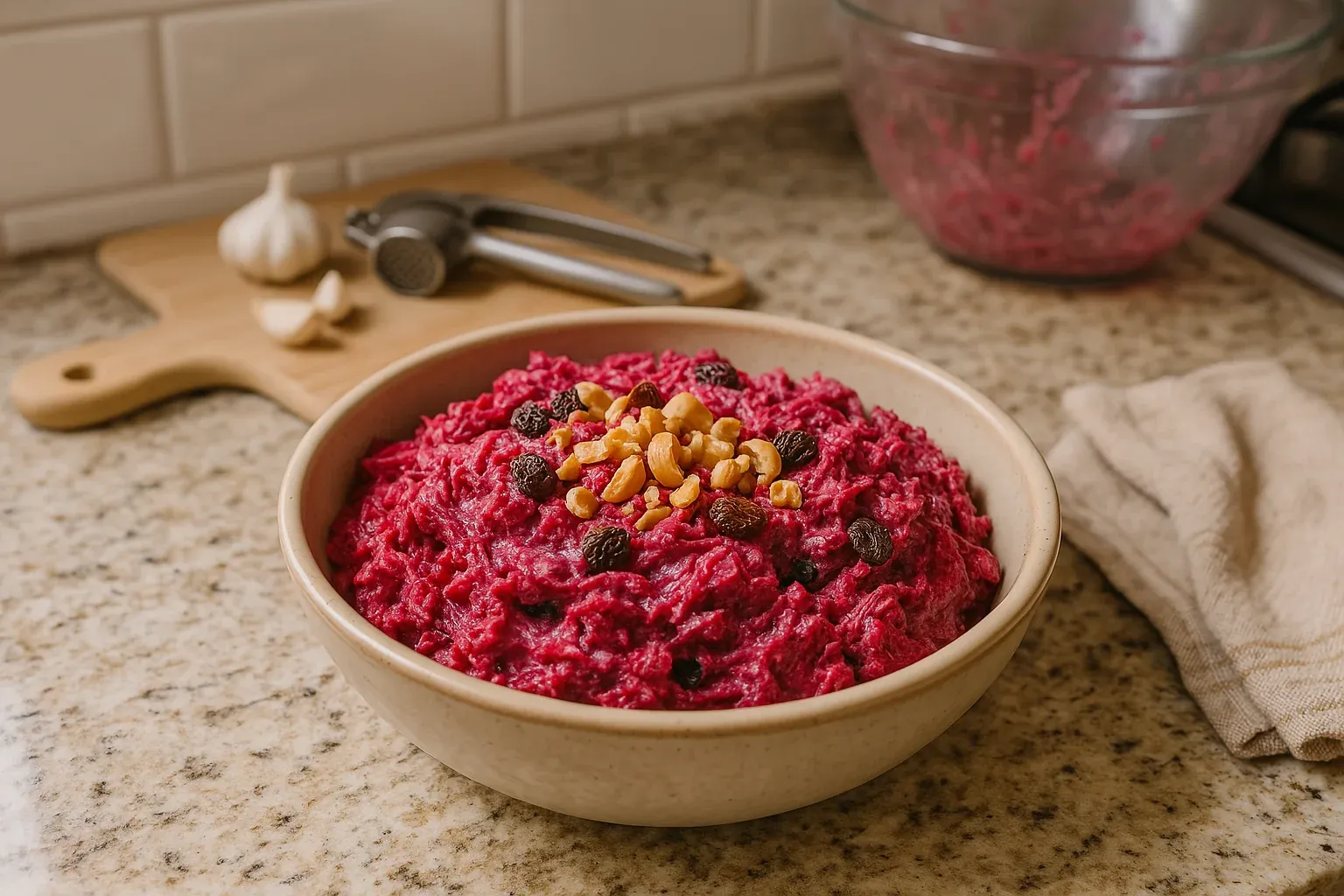 Vibrant beet salad with raisins and nuts in a beige bowl on a granite countertop, with garlic and a garlic press in the background.