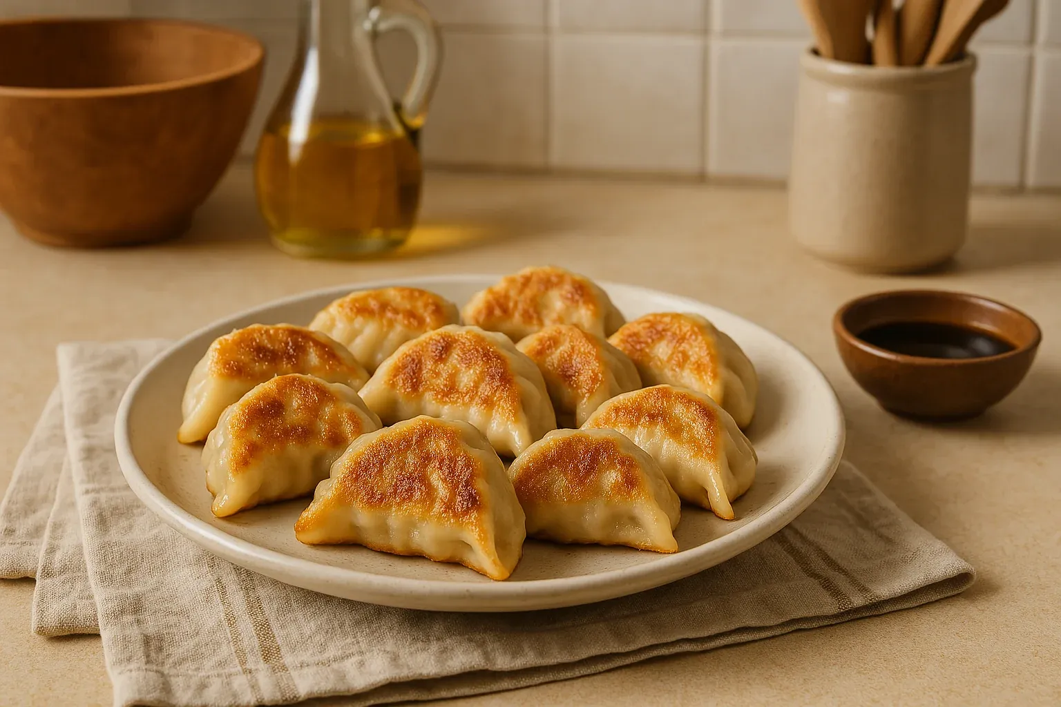 Plate of golden-brown pan-fried dumplings with dipping sauce, set on a neutral-toned kitchen countertop.