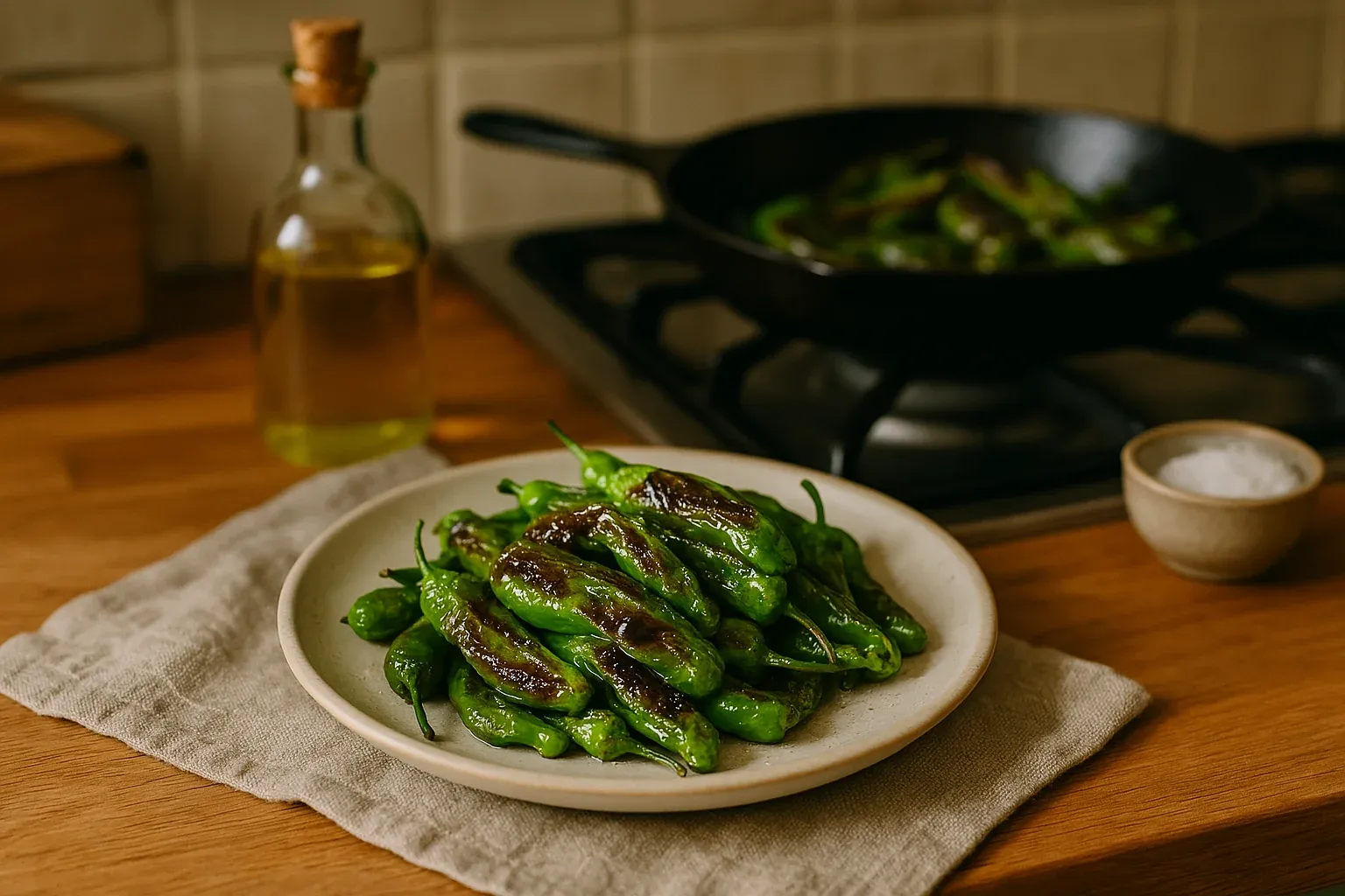 Charred shishito peppers on a ceramic plate next to a bottle of olive oil and a small bowl of sea salt.