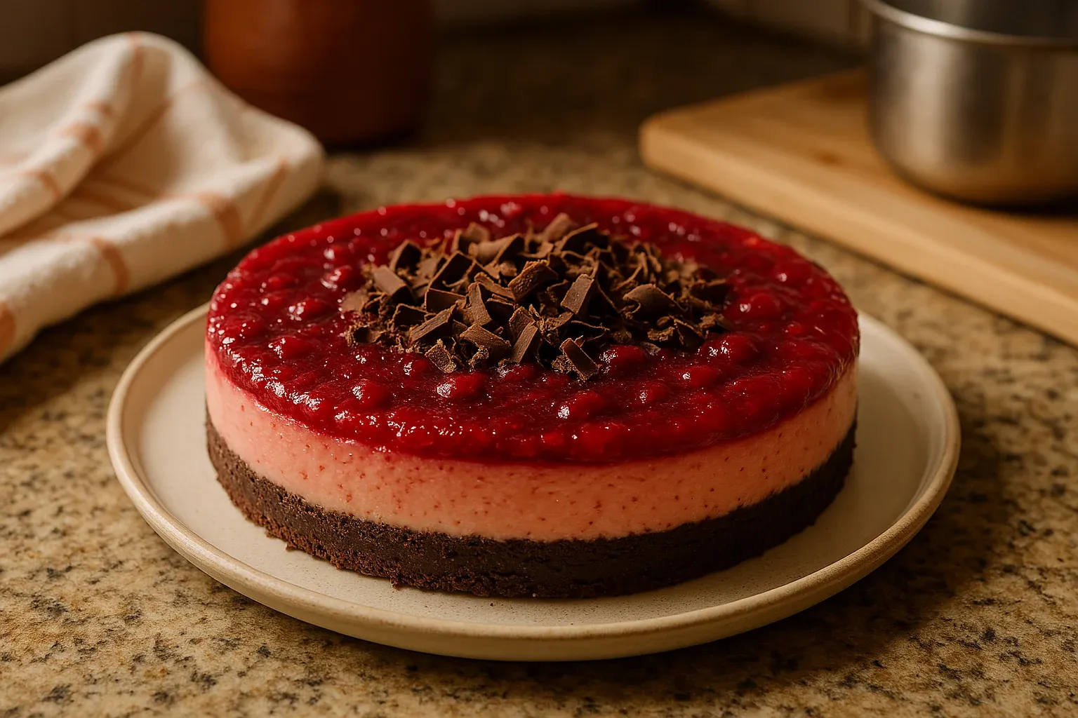 Chocolate raspberry cheesecake topped with shaved chocolate curls on a beige plate, set on a granite countertop.