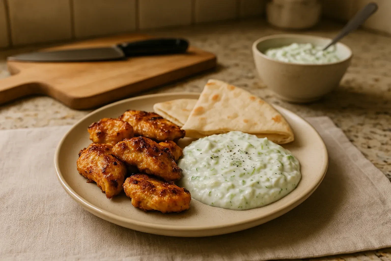 Grilled chicken, pita bread, and tzatziki sauce on a plate, with a cutting board and knife in the background on a kitchen counter.