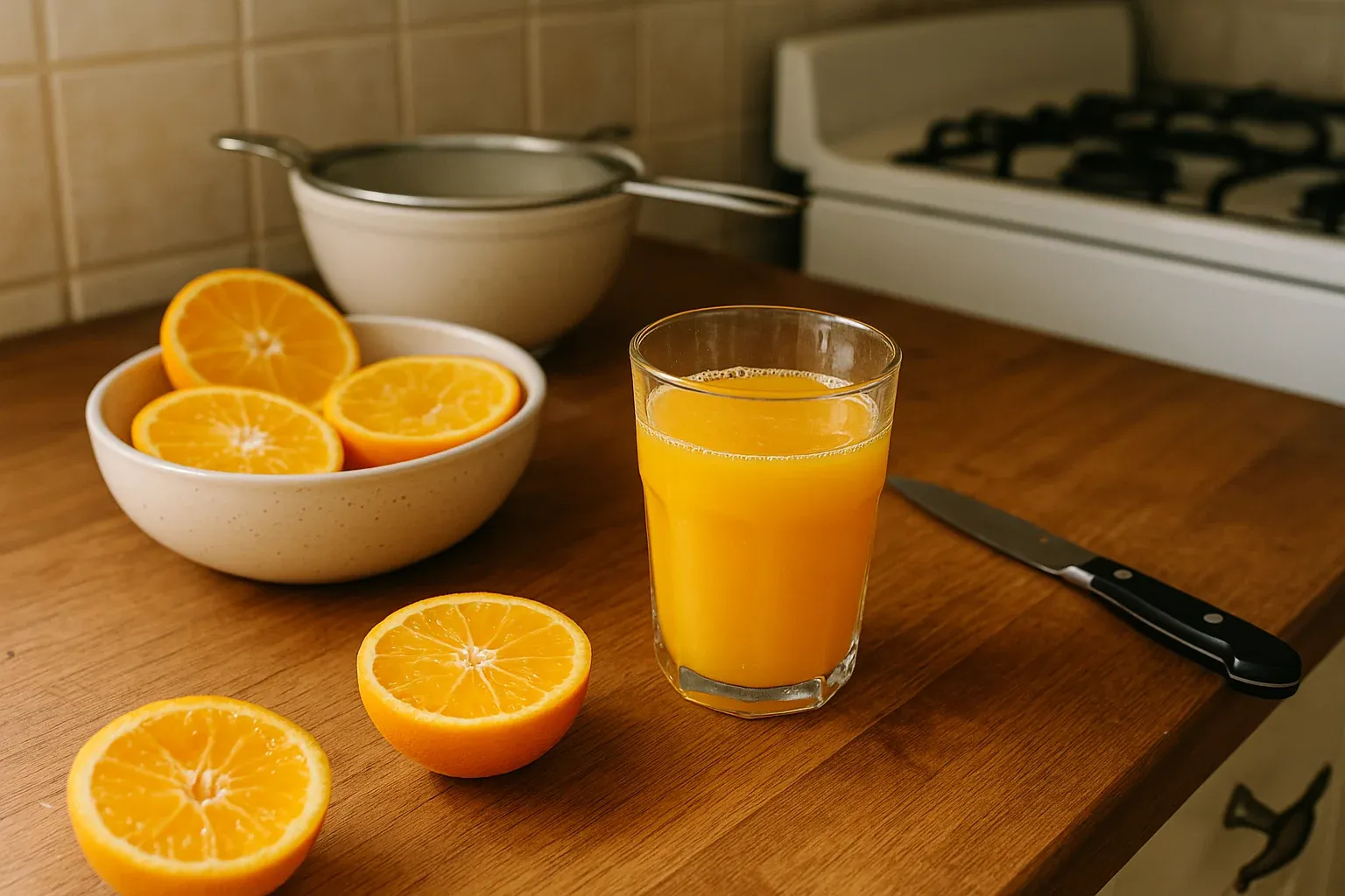 Freshly squeezed orange juice in a glass, surrounded by halved oranges and a knife on a wooden kitchen counter.
