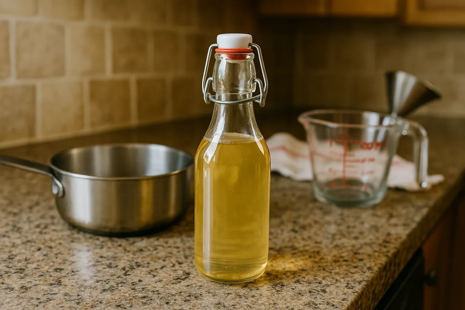 Bottle of homemade vanilla extract on a kitchen counter with a saucepan, measuring cup, and funnel in the background.