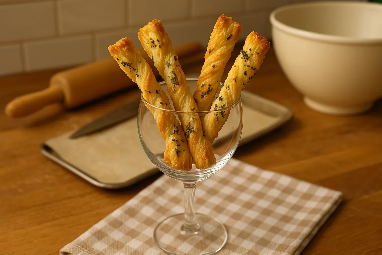 Three twisted cheese straws with herbs in a wine glass on a checkered cloth, rolling pin and baking tray in the background.