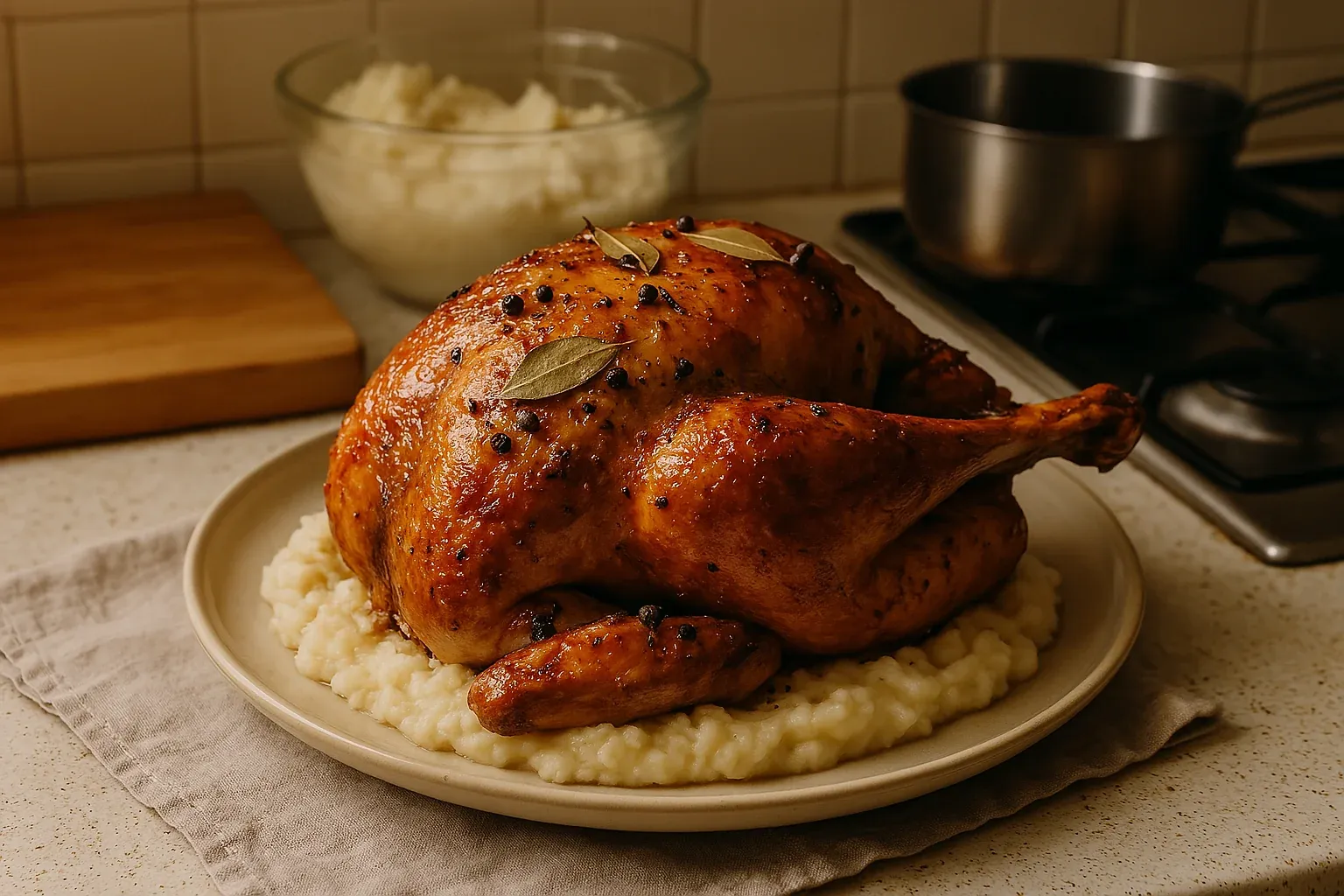 Roasted chicken with bay leaves and peppercorns on a bed of mashed potatoes in a kitchen setting.