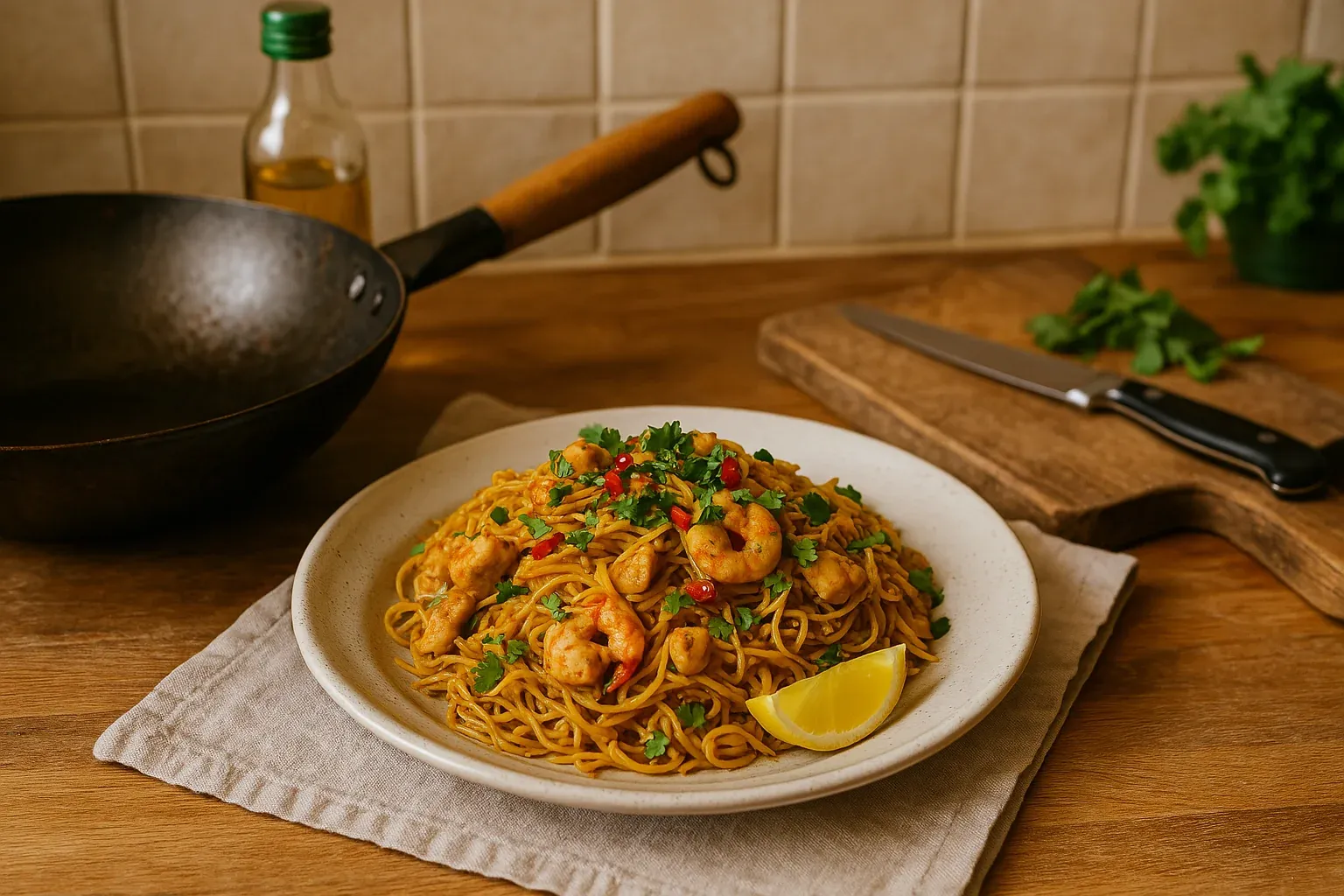 Spicy shrimp noodles garnished with cilantro and red chili, served with a lemon wedge on a kitchen countertop with a wok and chopping board.