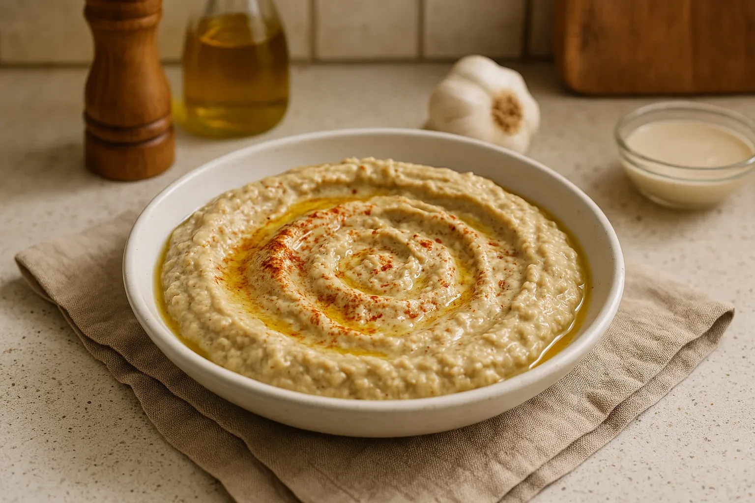 Creamy hummus served in a bowl, garnished with olive oil and paprika, placed on a beige cloth with garlic, tahini, and olive oil in the background.