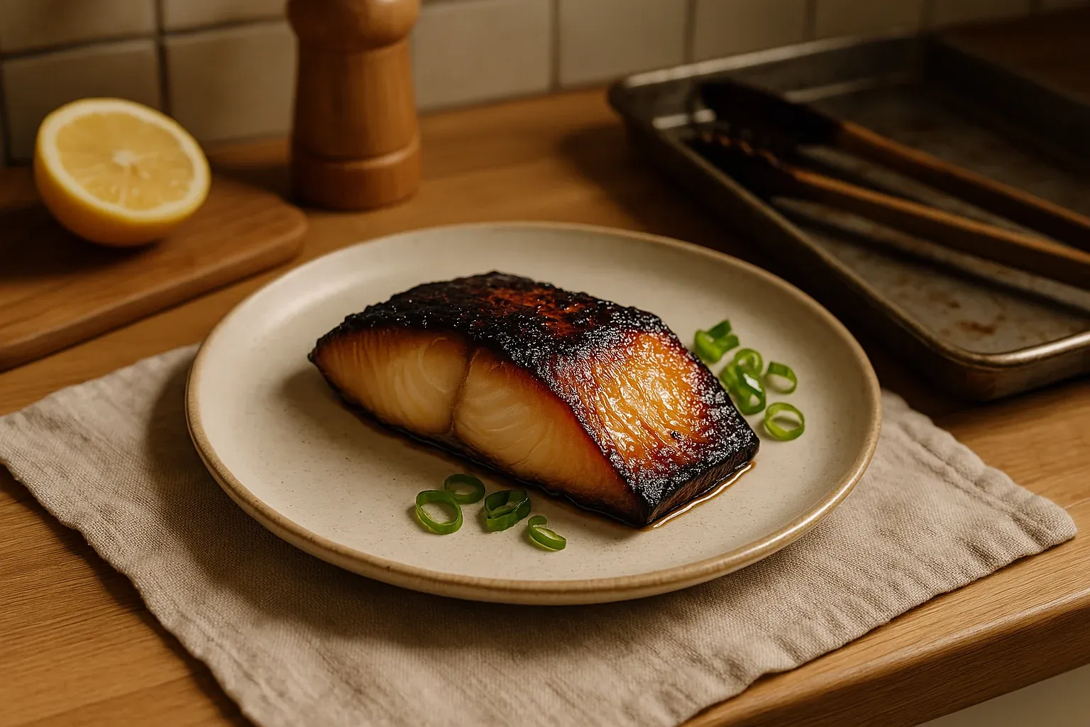 Glazed miso black cod on a plate garnished with chopped green onions, with a lemon half and pepper grinder in the background.