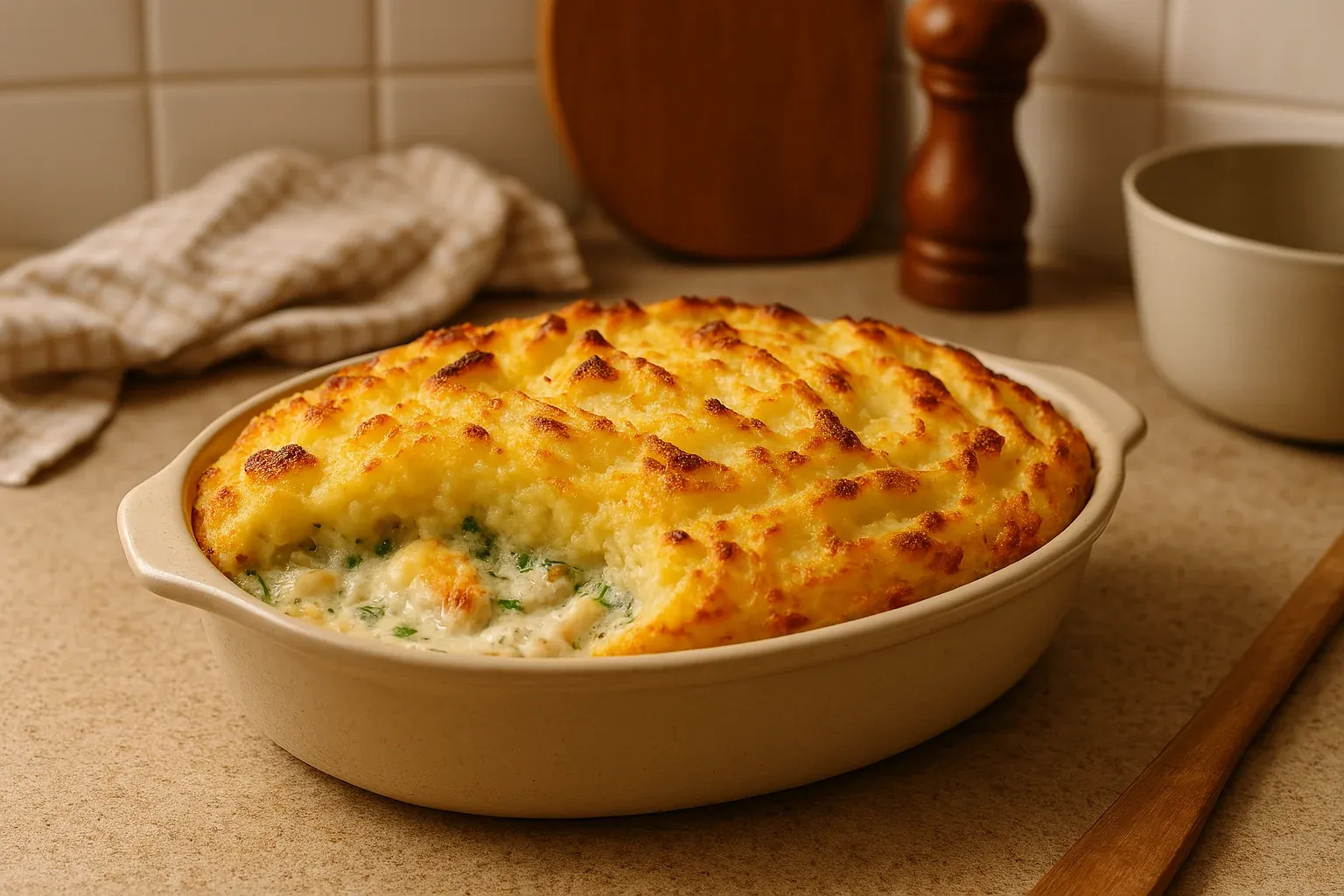Golden-brown baked fish pie topped with mashed potatoes in a ceramic dish, partially scooped to reveal creamy filling.