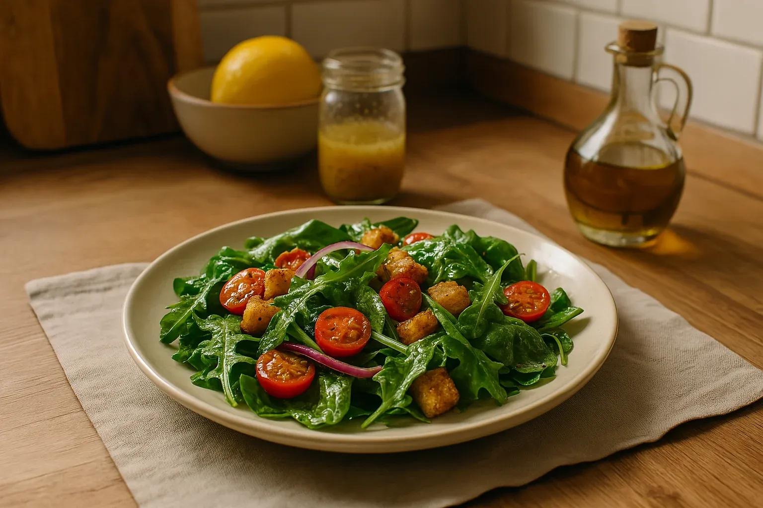 Fresh arugula salad with cherry tomatoes, croutons, and red onion, served with lemon vinaigrette and olive oil on a wooden countertop.