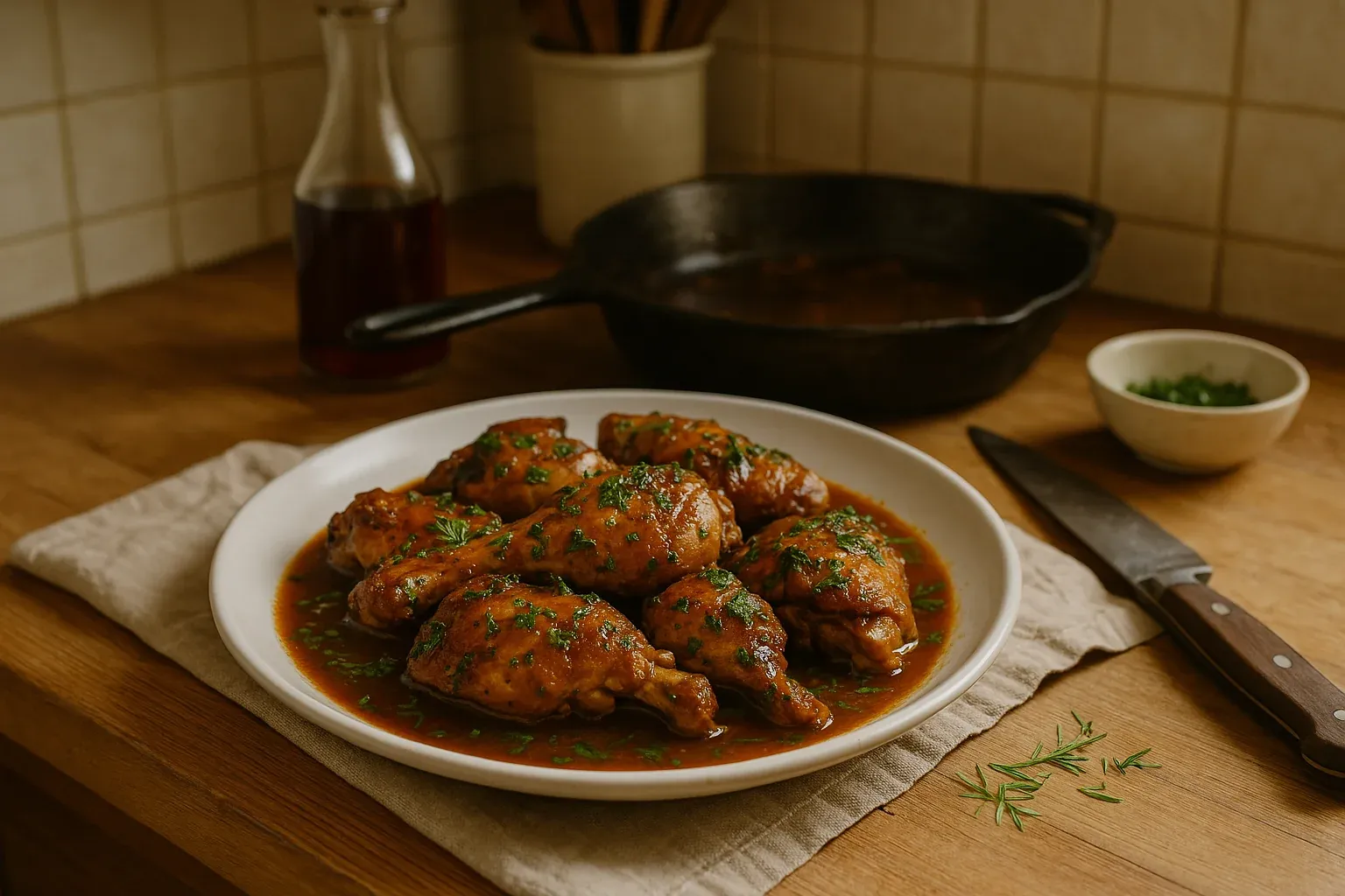 Chicken drumsticks in a rich, brown sauce garnished with fresh herbs, served on a white plate with a cast-iron skillet and knife nearby.
