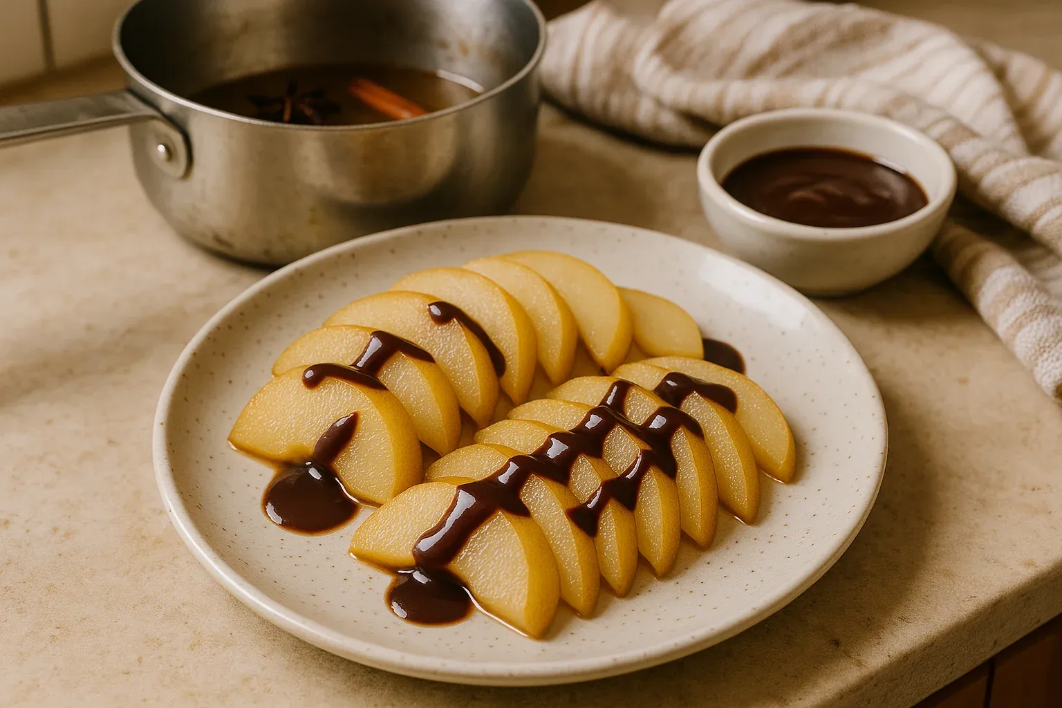 Poached pear slices drizzled with chocolate sauce on a plate with a saucepan and bowl in the background.