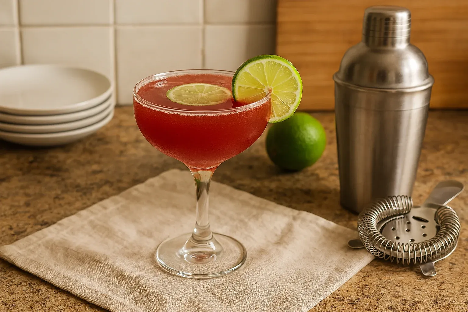 Refreshing red cocktail garnished with lime slices in a coupe glass, surrounded by bartending tools on a kitchen countertop.