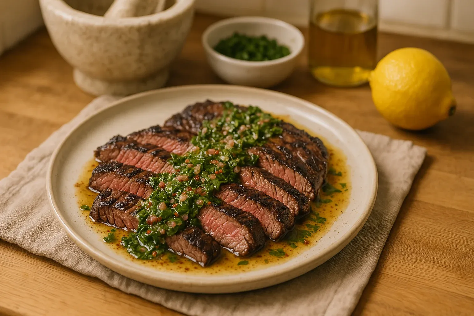 Grilled steak slices topped with chimichurri sauce on a plate, with a lemon, olive oil bottle, and chopped herbs in the background.