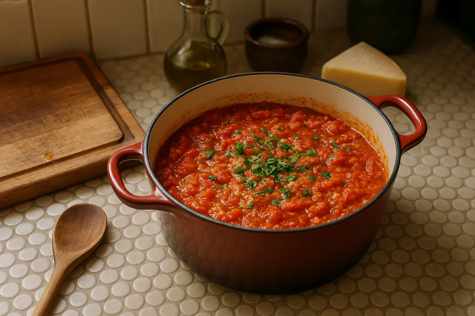 Homemade tomato sauce in a red pot garnished with fresh herbs, with a wooden spoon and cutting board nearby on a kitchen counter.