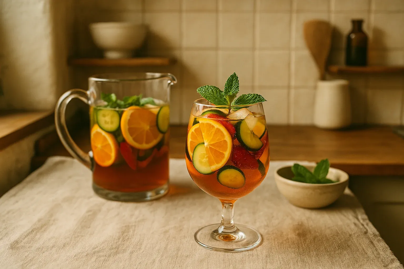 Refreshing iced tea with lemon, cucumber, strawberries, and mint in a glass and pitcher, set on a kitchen counter.