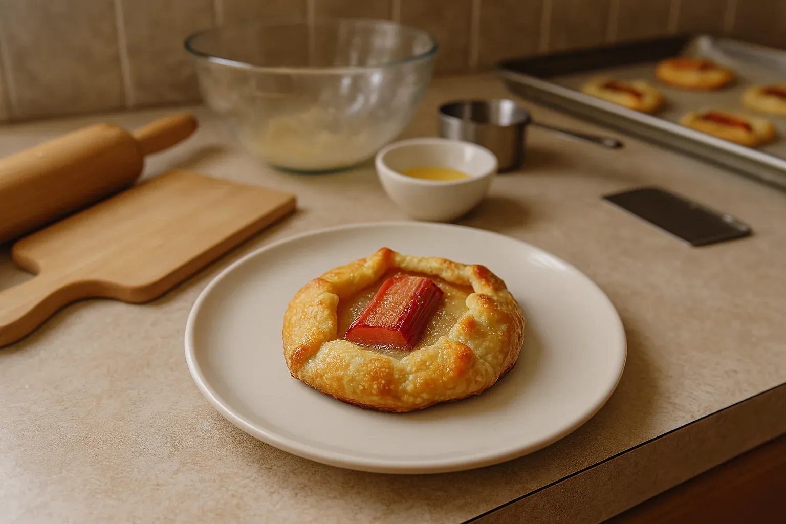 Rustic rhubarb galette on a plate with baking tools and ingredients in the background.