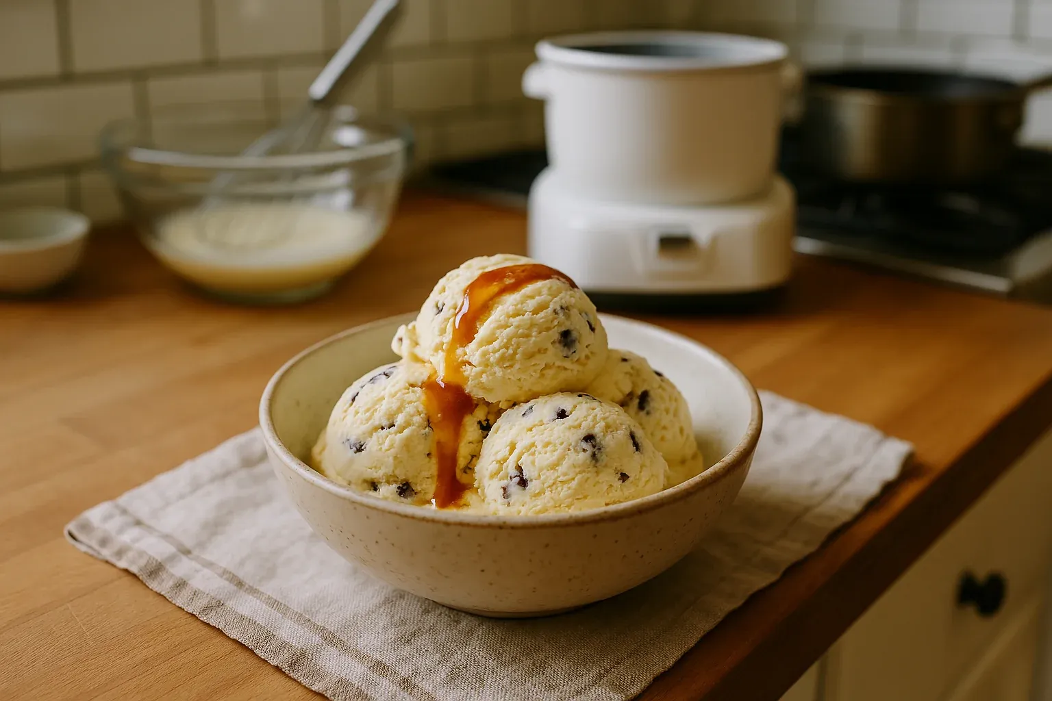 Vanilla ice cream with chocolate chips topped with caramel sauce in a bowl on a wooden counter, with a whisk and mixing bowl in the background.