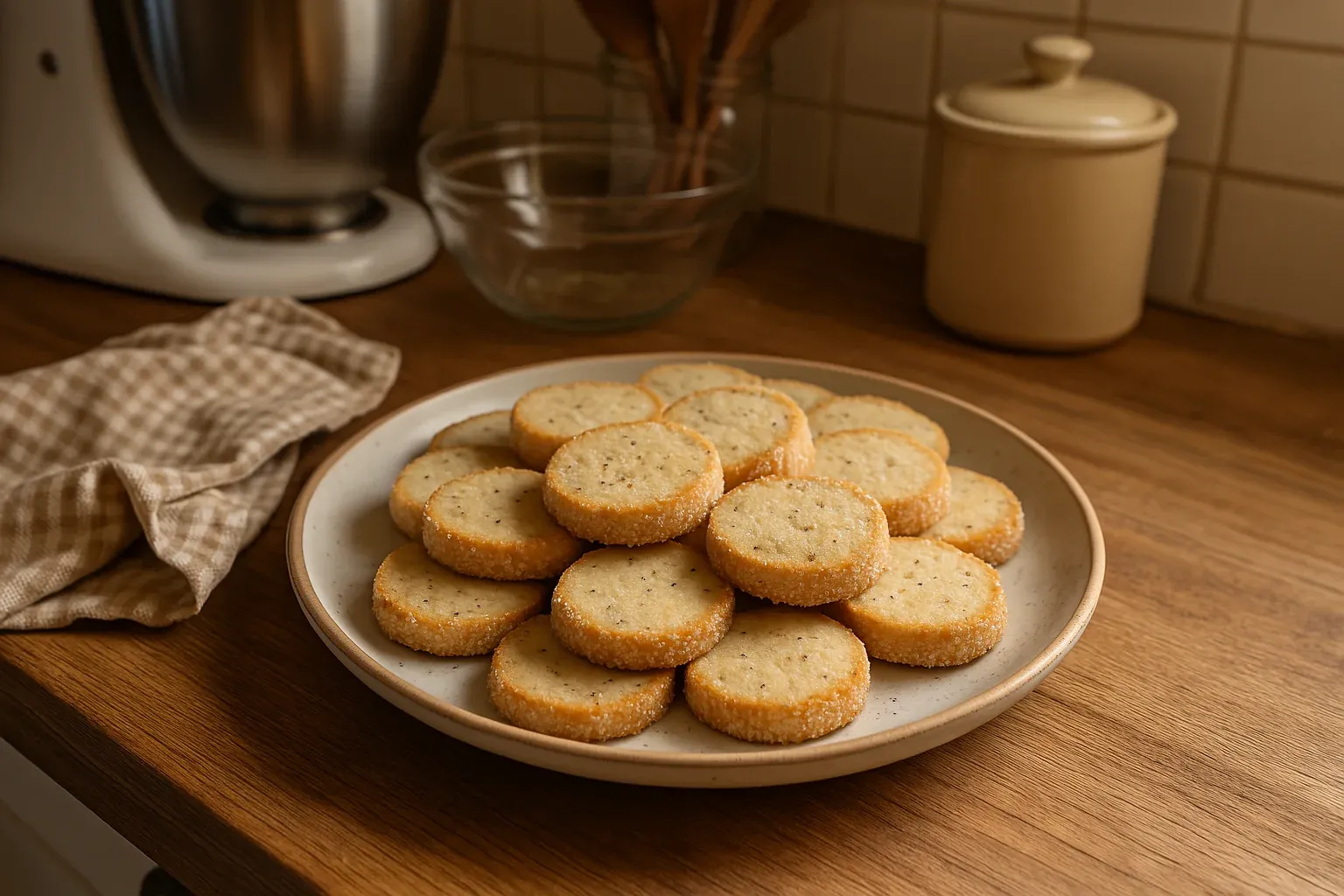 A plate of homemade shortbread cookies with sugar edges, set on a wooden kitchen counter.