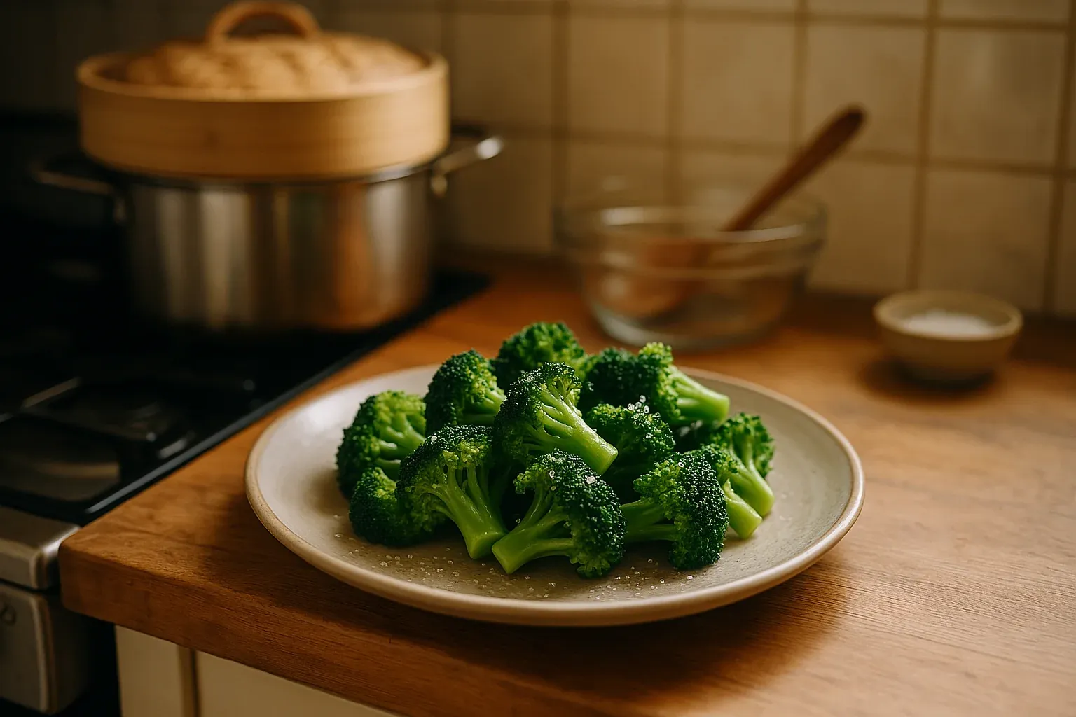 Steamed broccoli florets served on a ceramic plate, with a kitchen backdrop featuring a pot and a bowl for preparation.