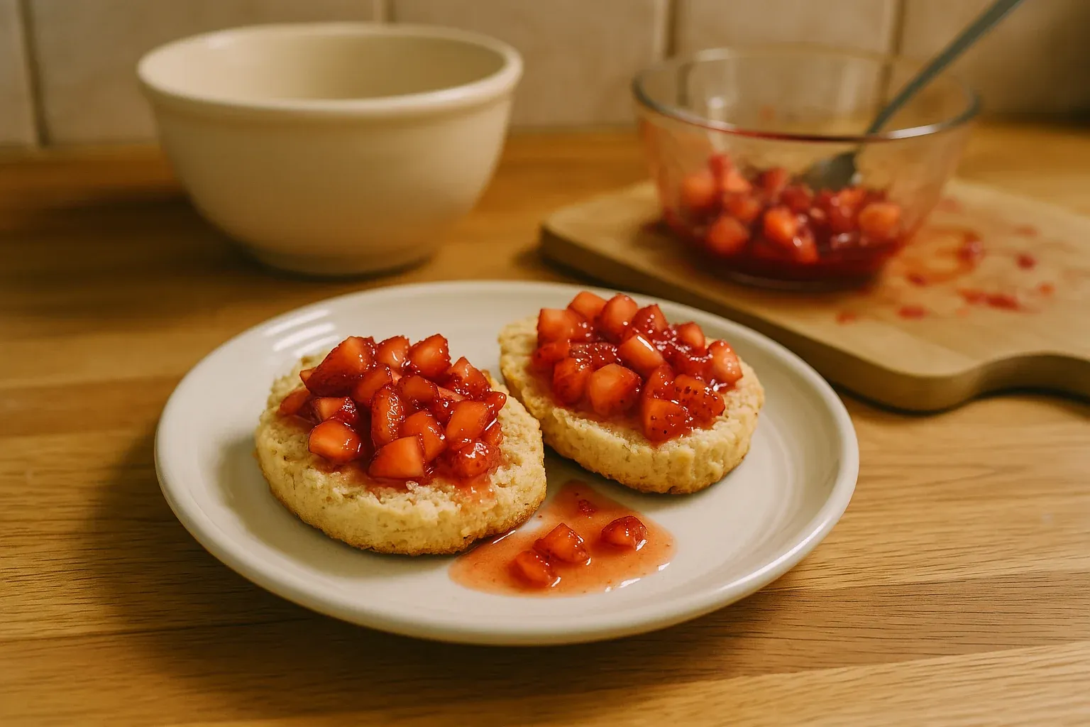 Freshly baked biscuits topped with diced strawberries and syrup on a white plate, with extra strawberry mixture in a glass bowl nearby.