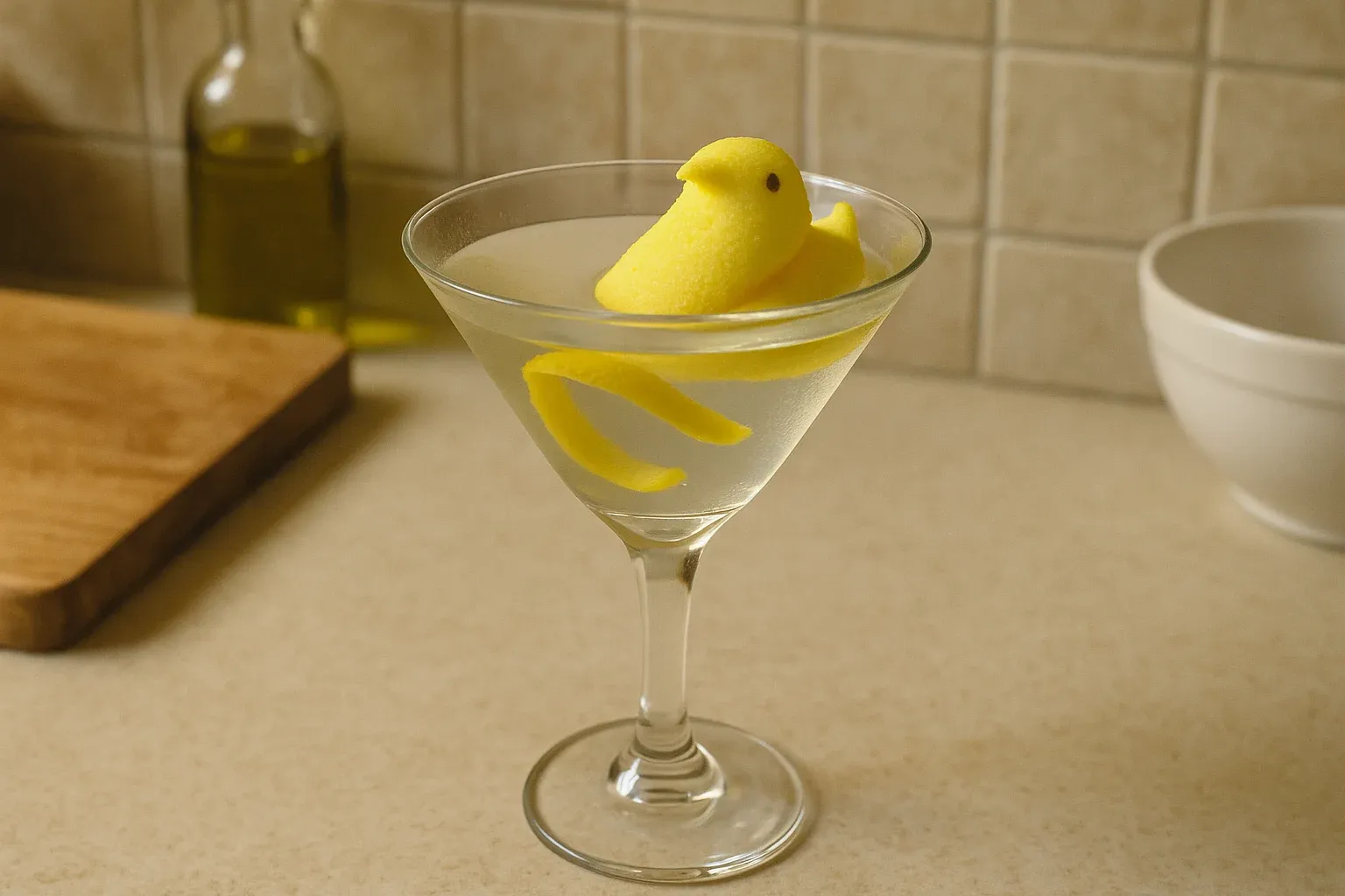 Martini garnished with a lemon twist and a yellow marshmallow chick, placed on a kitchen counter with oil bottle and cutting board.