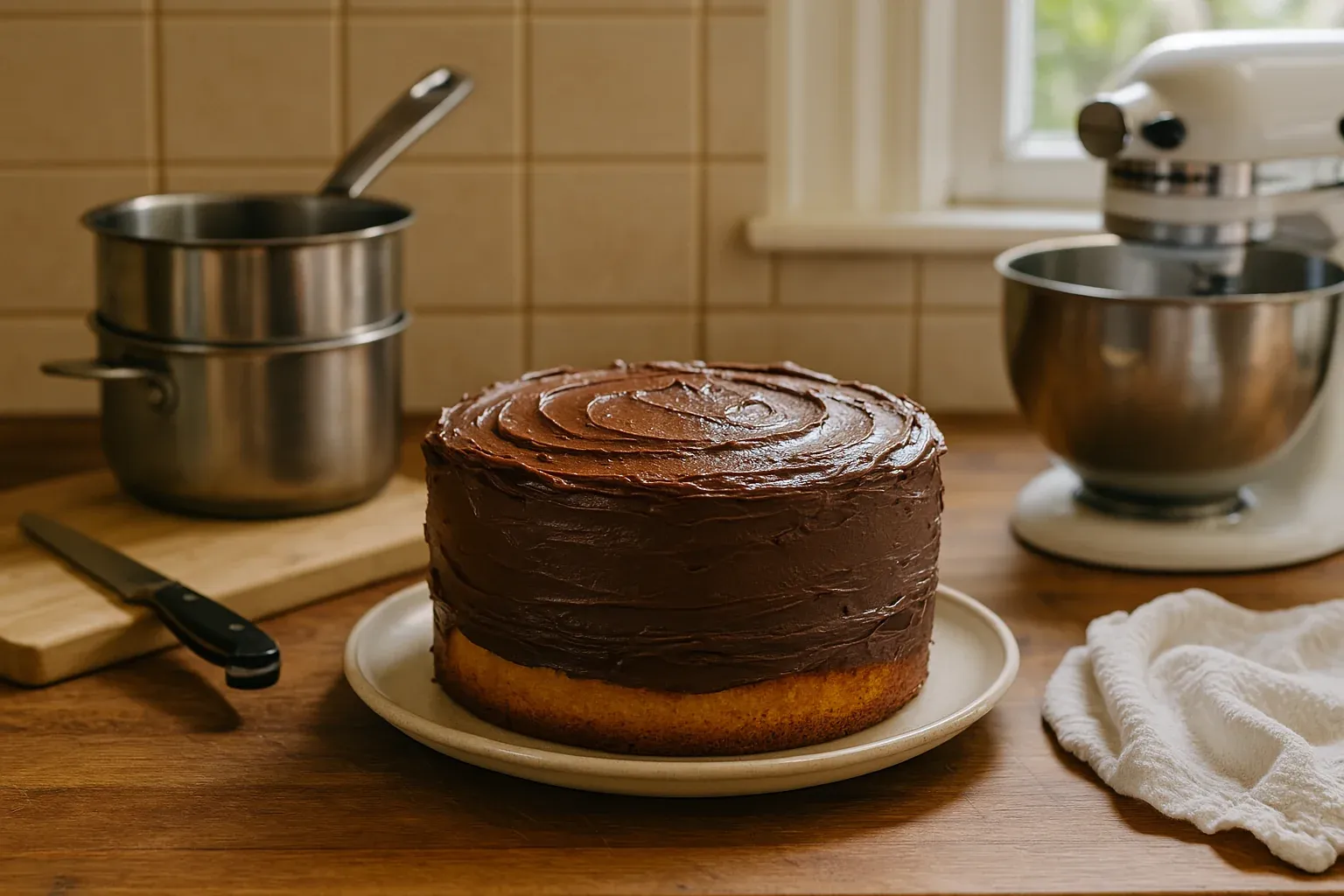 Vanilla cake with chocolate frosting on a kitchen counter, surrounded by cooking utensils and a mixer.