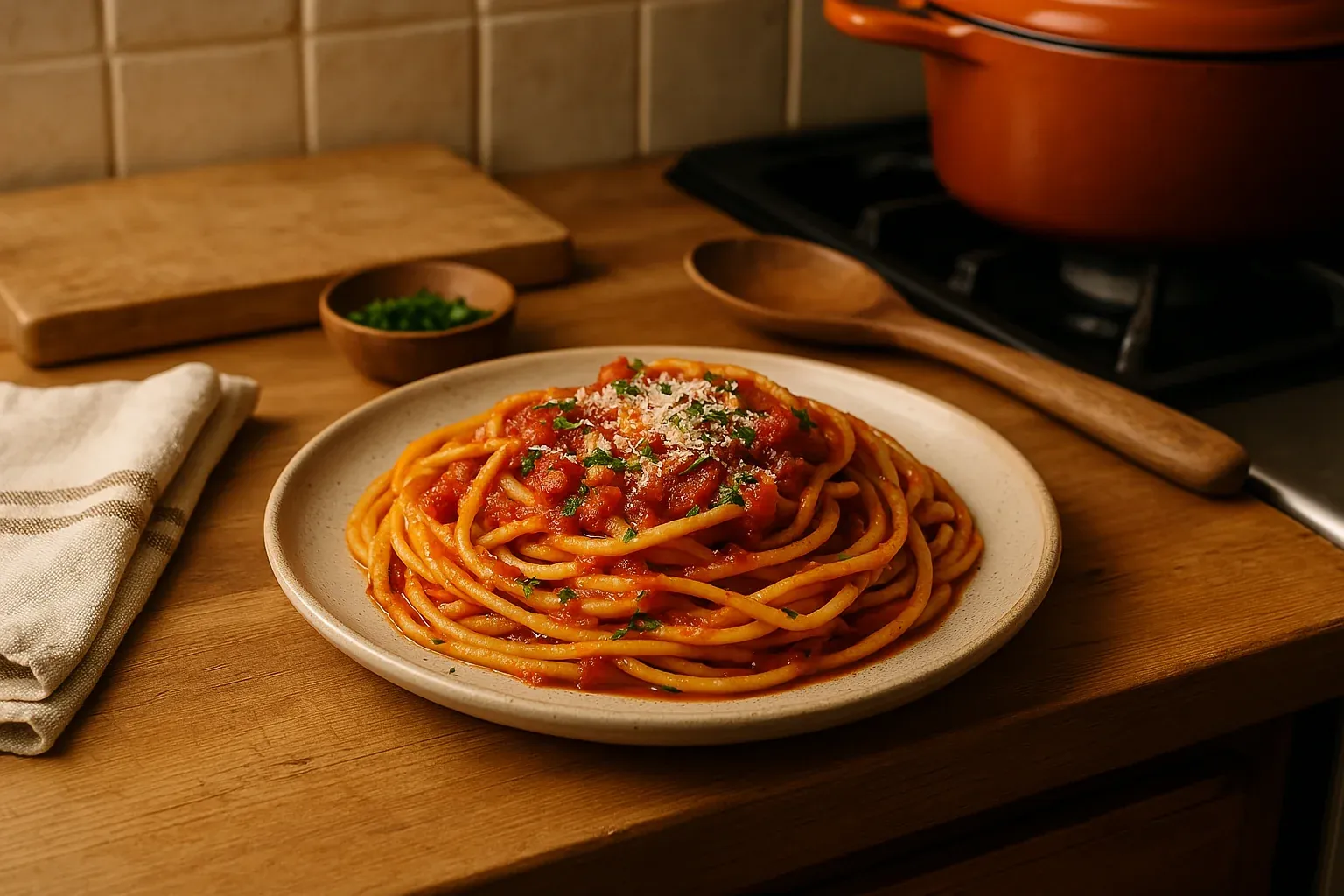 A plate of bucatini pasta topped with tomato sauce, garnished with grated cheese and parsley, next to a wooden spoon and a pot.