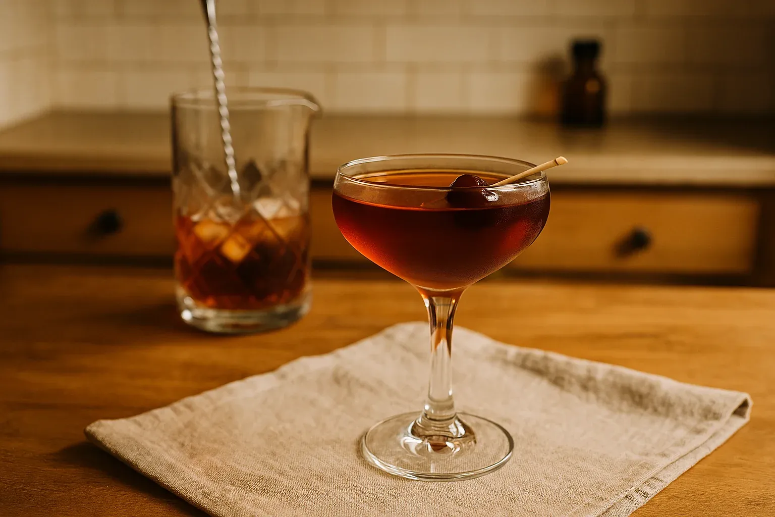 A classic Manhattan cocktail garnished with a cherry, served in a coupe glass, with a mixing glass and stirrer in the background.
