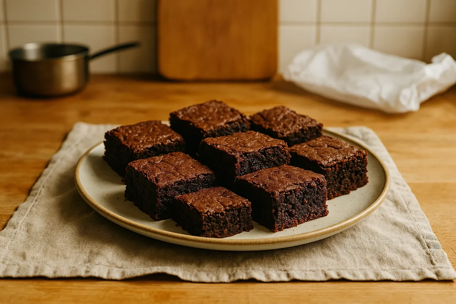 Plate of homemade chocolate brownies on a kitchen countertop, with a saucepan and cutting board in the background.
