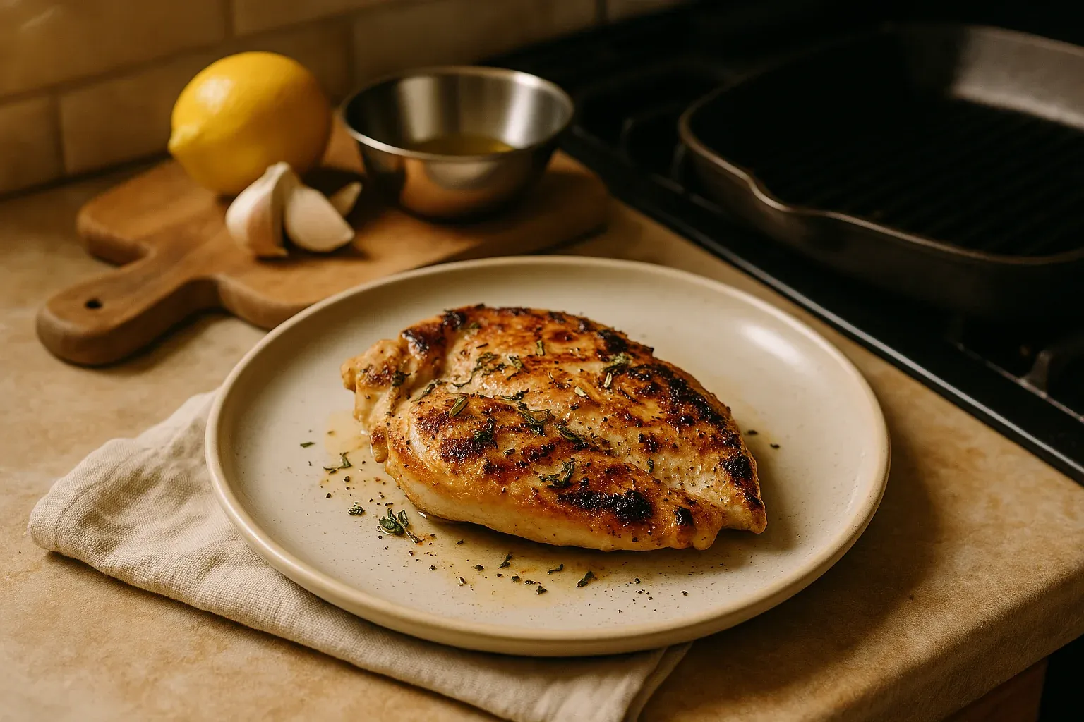 Grilled chicken breast garnished with herbs on a plate, with lemon and garlic cloves on a cutting board in the background.