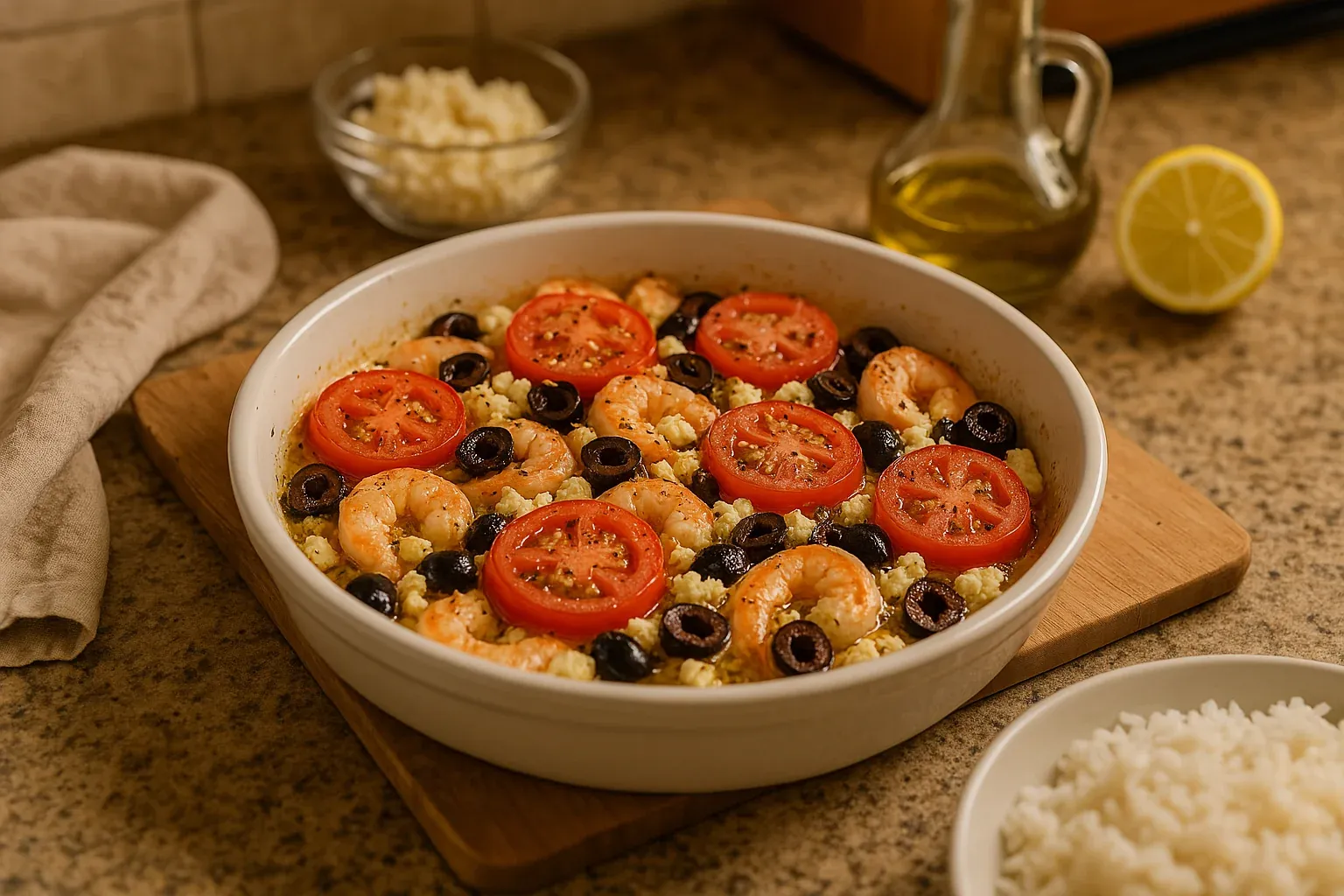 Baked shrimp with tomato slices, olives, and crumbled cheese in a white dish, served with a side of rice.