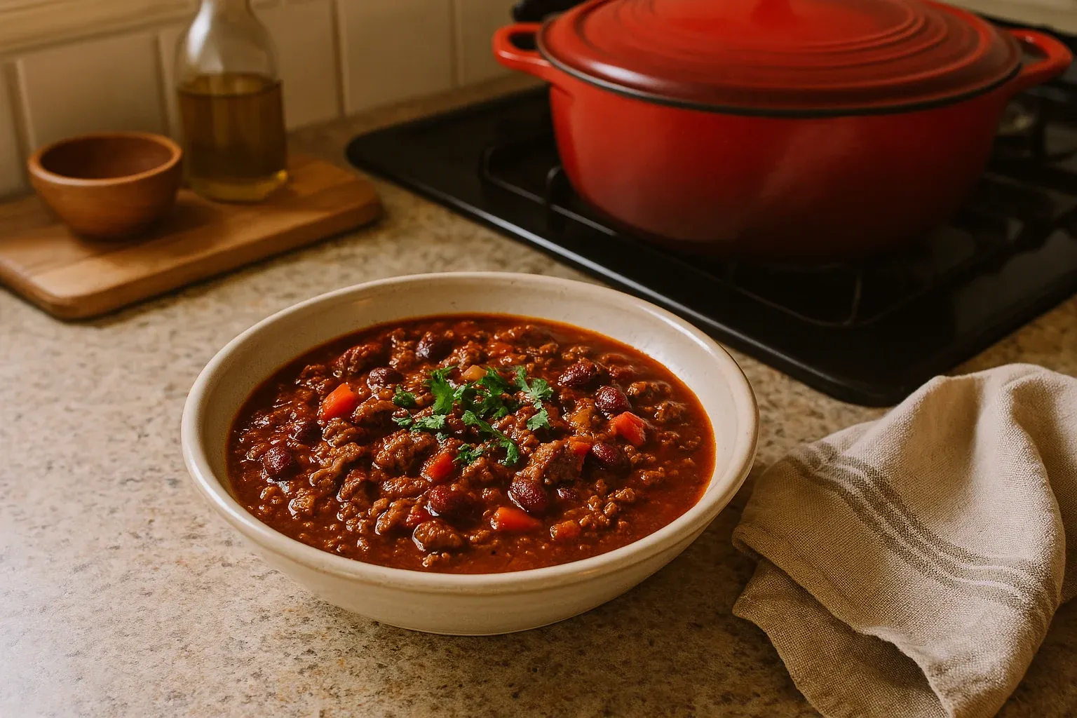 A bowl of hearty chili with beans and meat topped with fresh herbs, placed on a countertop near a red pot on the stove.