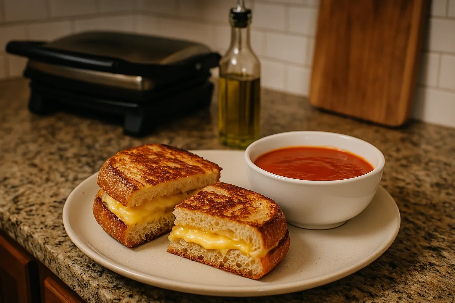 Grilled cheese sandwich served with a bowl of tomato soup on a kitchen counter.