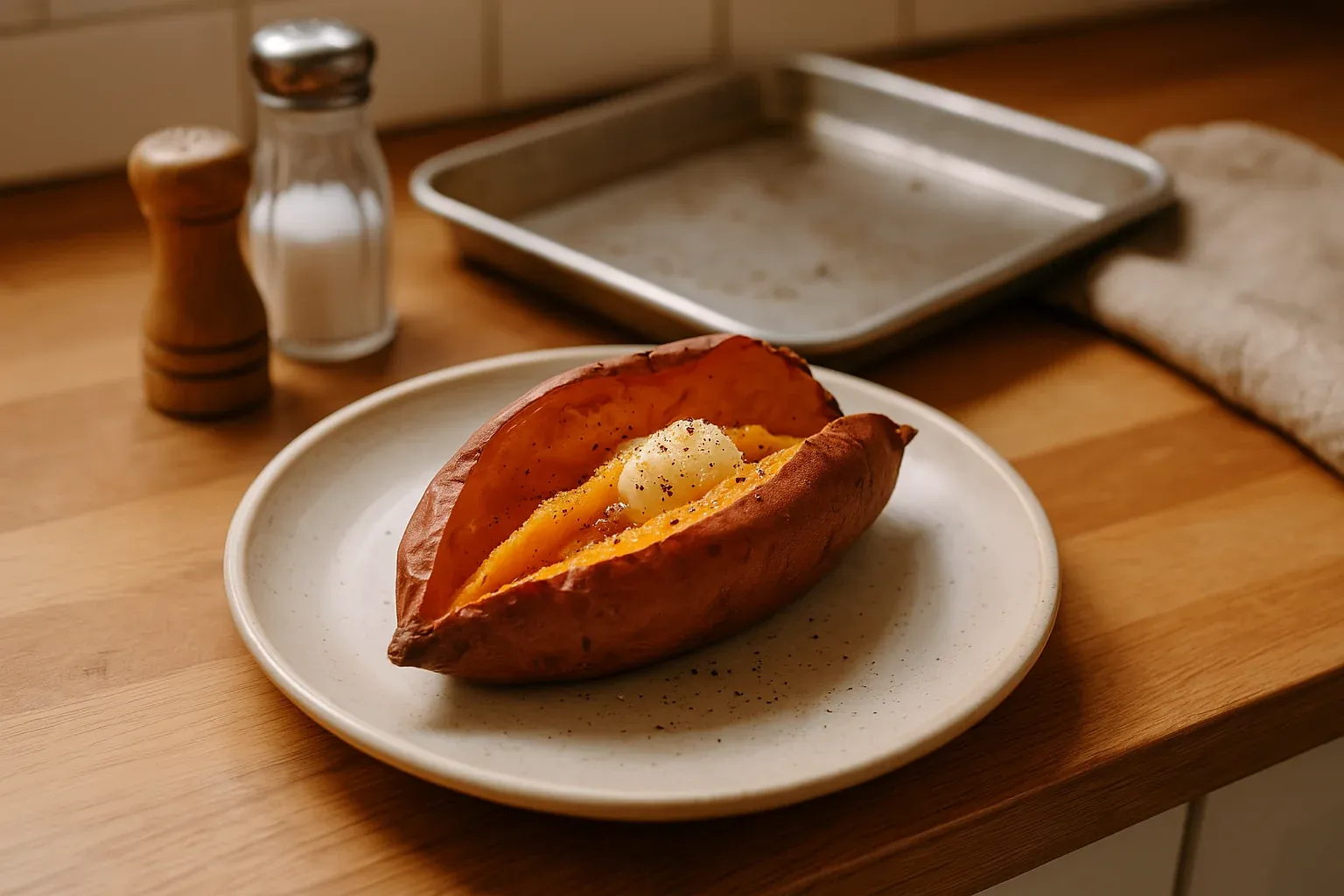 Baked sweet potato topped with butter and black pepper, served on a plate with salt and pepper shakers in the background.