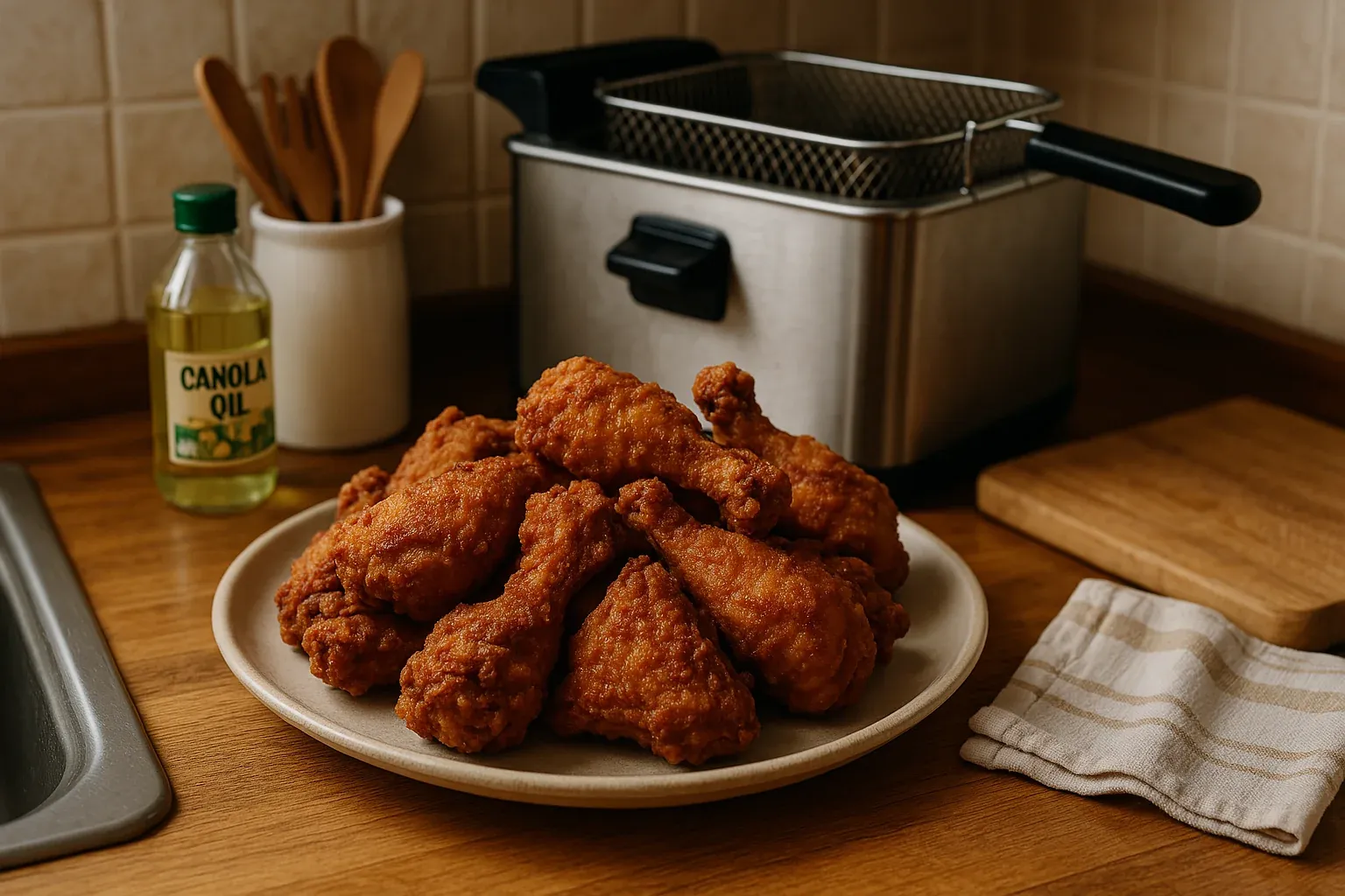 Plate of crispy fried chicken with a deep fryer and canola oil bottle on a wooden kitchen counter.