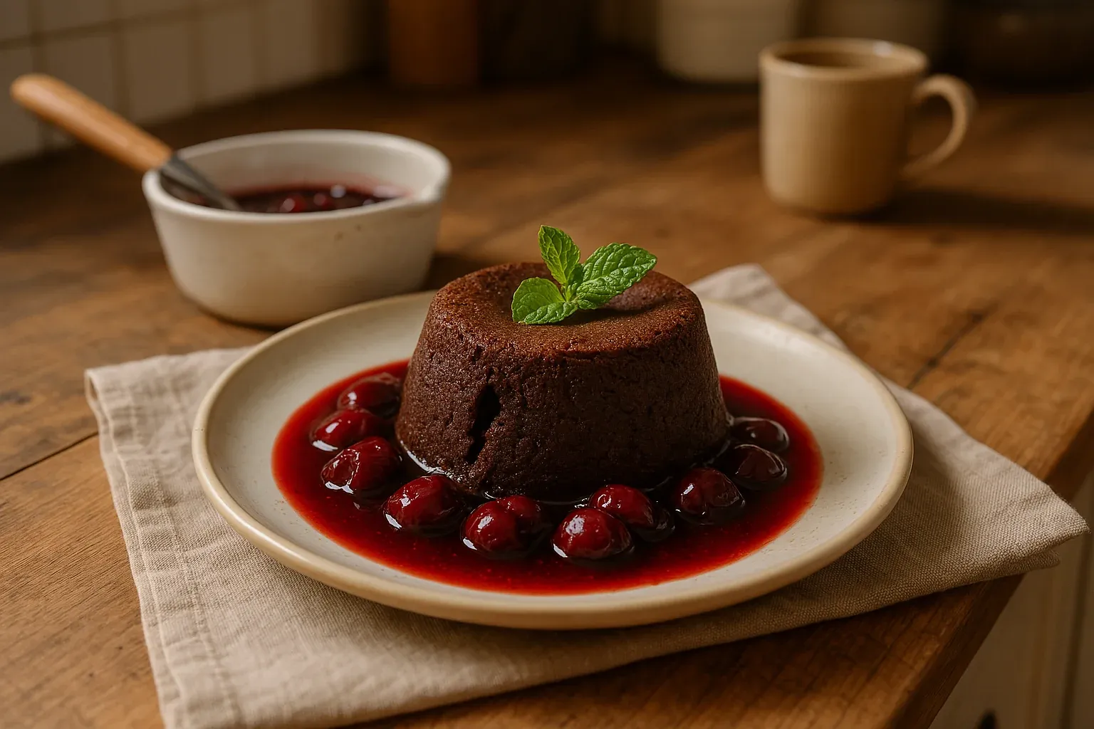 Chocolate lava cake with cherry sauce and mint garnish on a rustic plate, set on a wooden table with a bowl of extra sauce in the background.