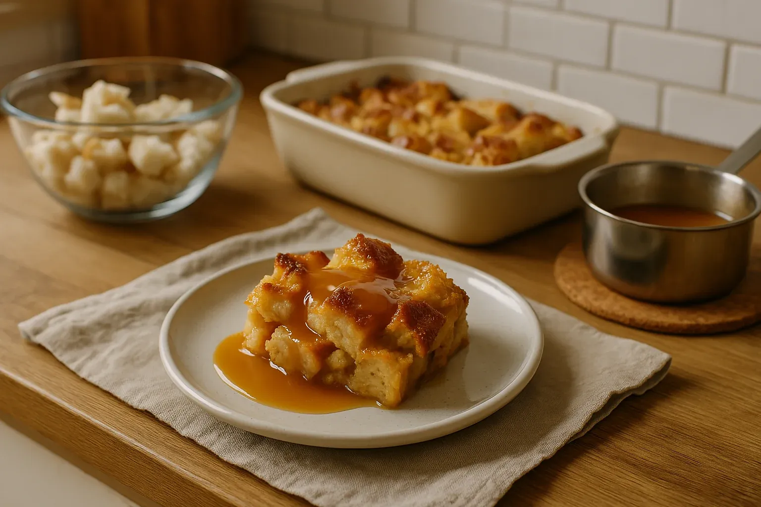 Bread pudding with caramel sauce served on a white plate, with a baking dish and a bowl of bread cubes in the background.