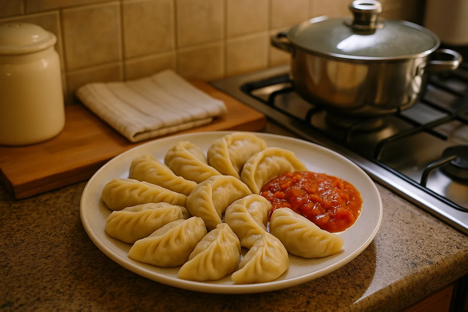 Homemade dumplings arranged on a plate with a serving of tomato sauce, set on a kitchen counter near a stovetop.