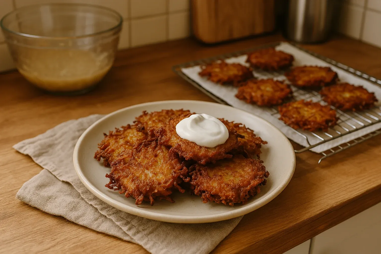 Golden potato latkes topped with sour cream, cooling on a wire rack in a cozy kitchen setting.