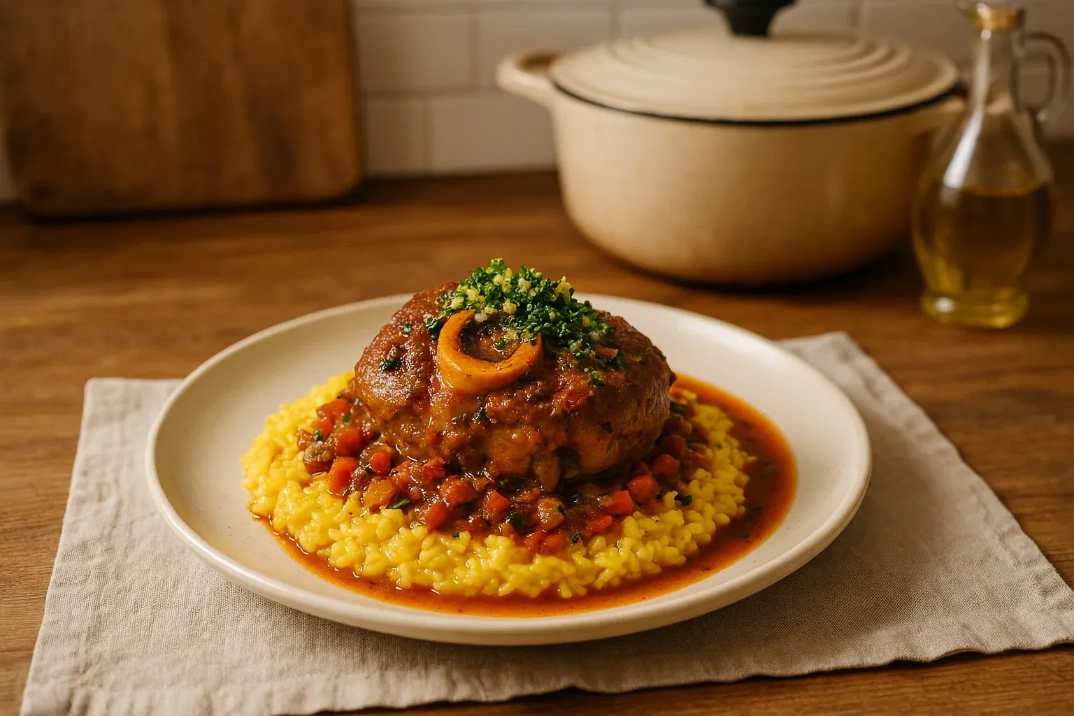 Osso buco served on a bed of saffron risotto, garnished with gremolata, with a rustic pot and olive oil bottle in the background.