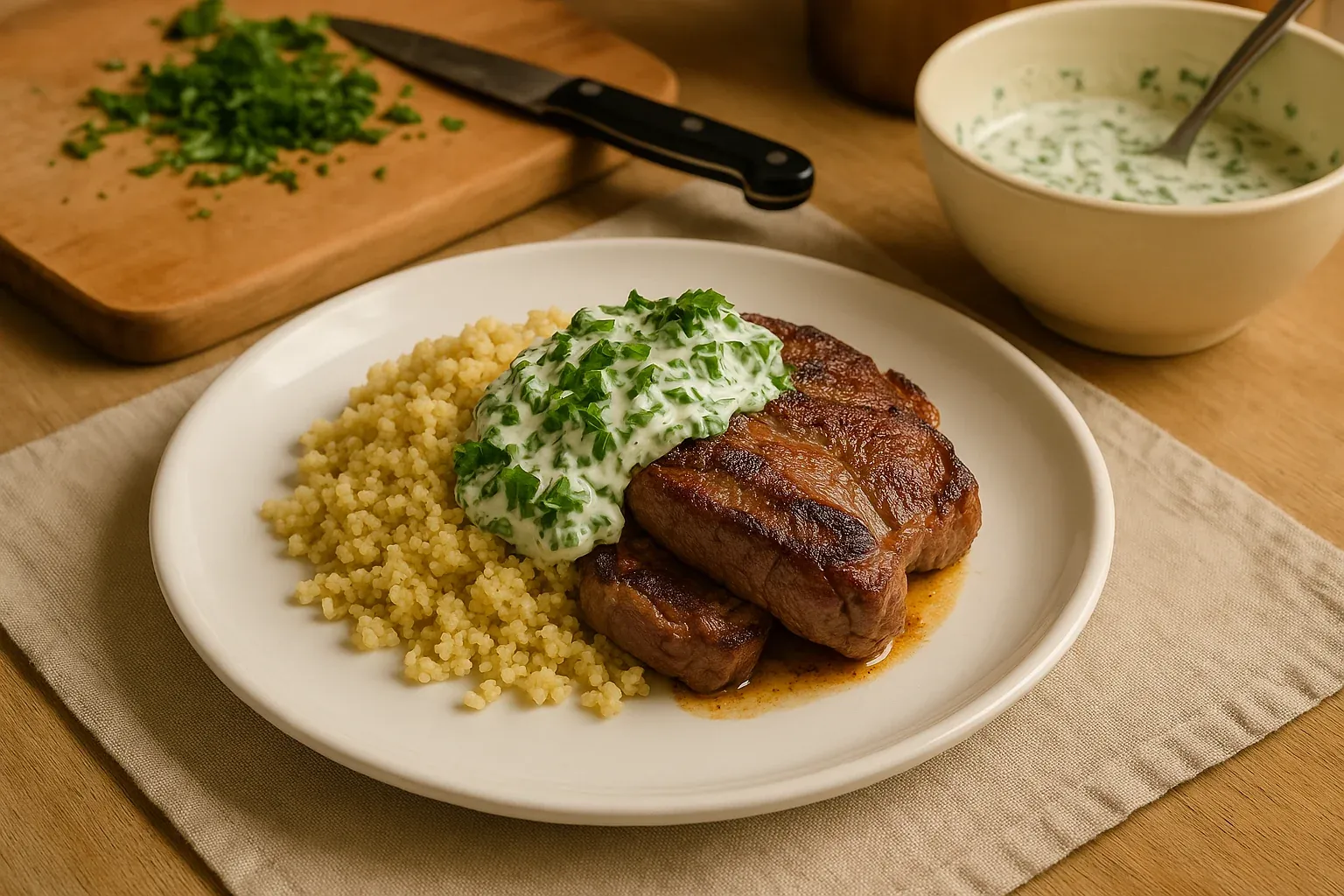 Grilled steak with a dollop of herb cream sauce, served with a side of couscous, on a white plate.