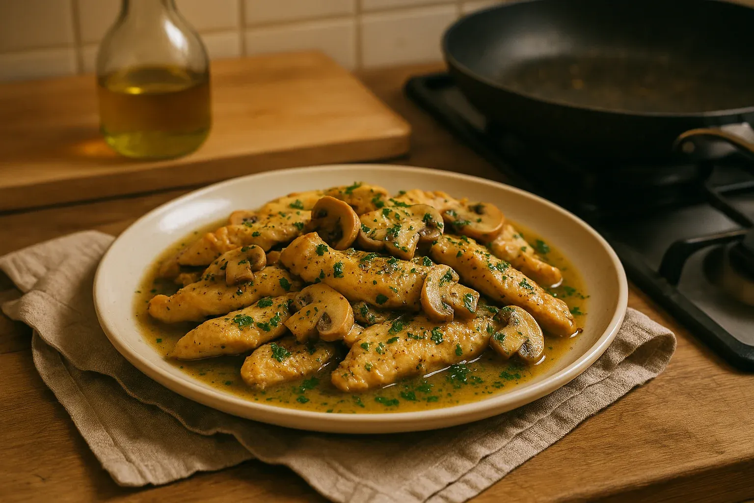 Golden chicken tenders with mushrooms in a savory sauce, garnished with fresh herbs, served on a beige plate.
