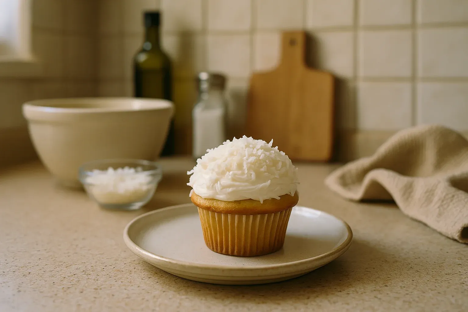 Vanilla cupcake with coconut frosting on a plate, surrounded by baking ingredients in a cozy kitchen setting.