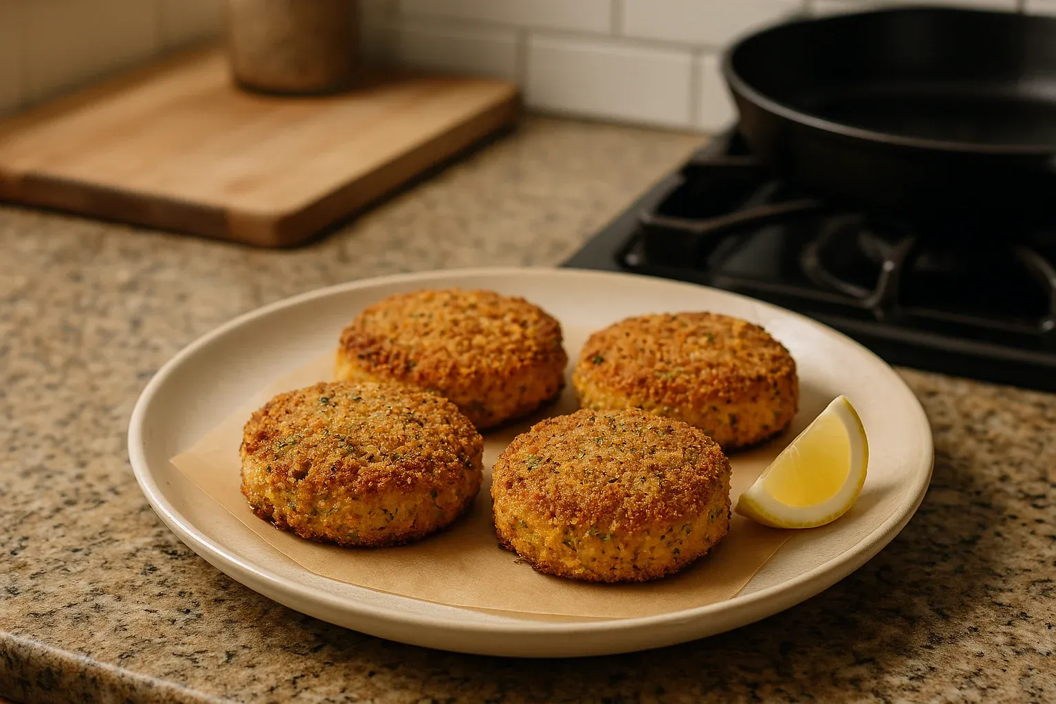 Golden-brown breaded fish cakes served on a plate with a lemon wedge, set on a kitchen countertop near a stove.