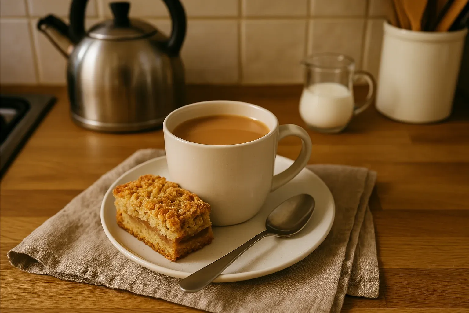 A cup of tea with milk served with a slice of crumb cake on a plate, accompanied by a spoon, set on a wooden kitchen counter.